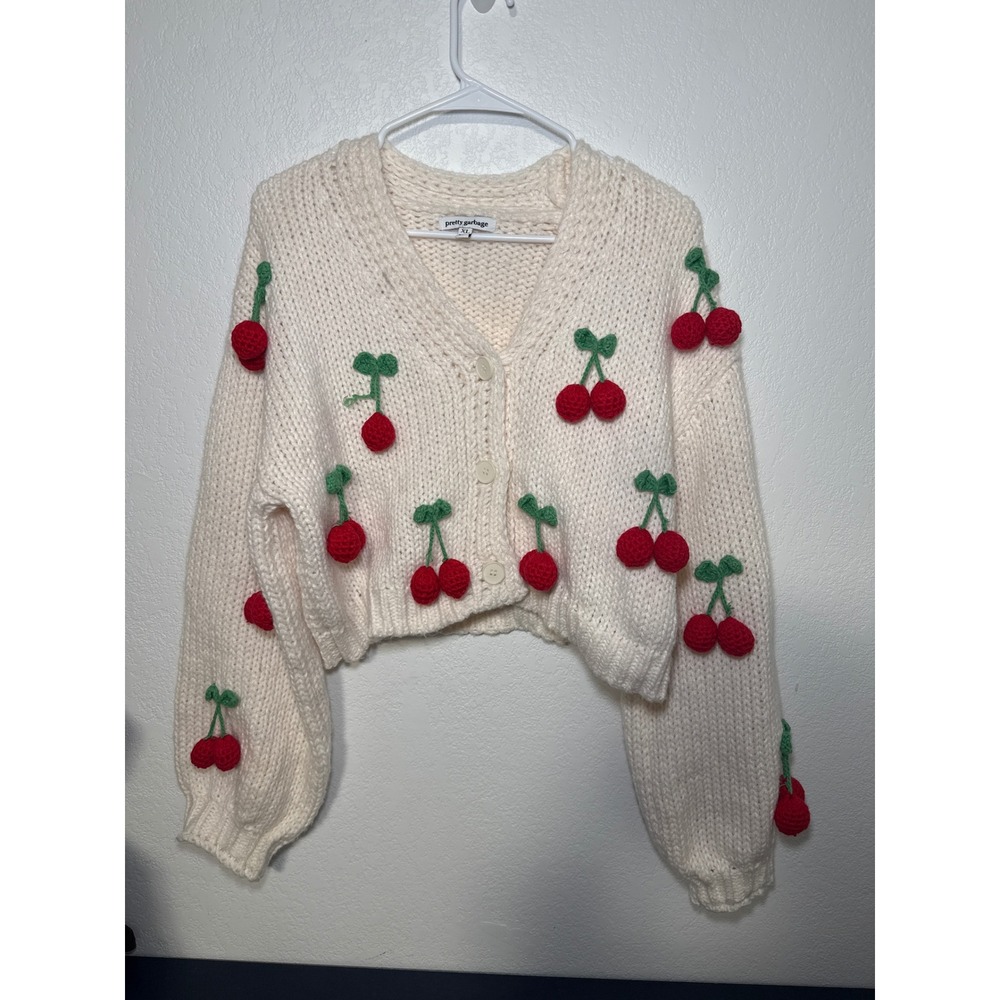 Pretty Garbage Cherry Embellished Chunky Knit Cropped Cardigan Sweater XL